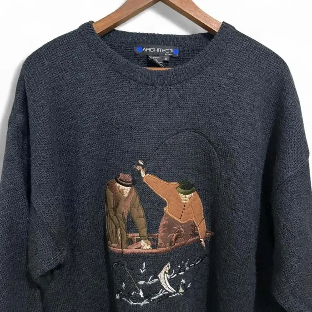 Architect Vintage Fisherman Scene Graphic Knit Sweater XL Dark Charcoal Grey